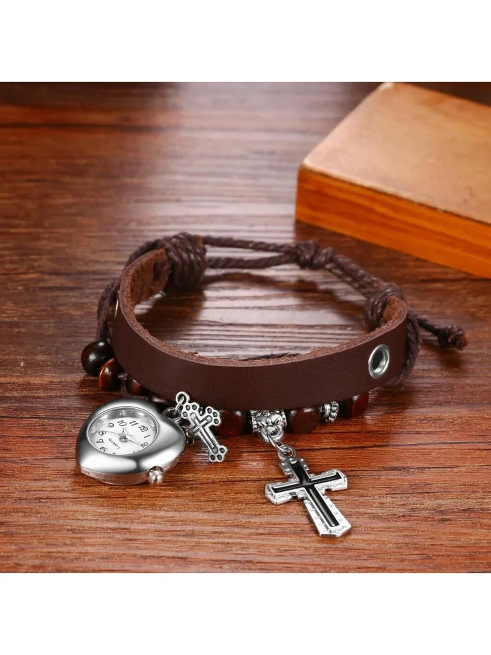 Women's Brown Analog Quartz Cross Bracelet Weave Wrap Around Leather Wrist Watch
